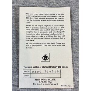 The Serial Number Of Camera Body and Lens Card Printed In Japan